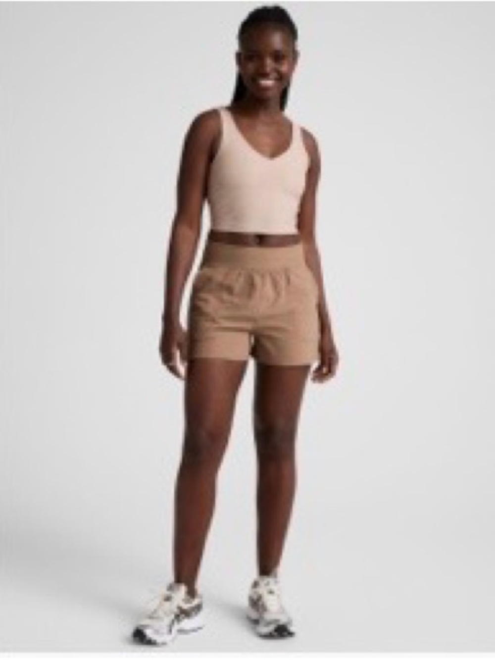 Beyond Yoga Relaxed High-Rise Athletic Shorts in Tan
